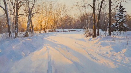 Fototapeta premium Winter Sunset Path Through Snowy Woods