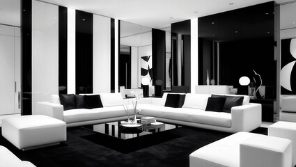 Fototapeta premium A modern, stylish living room featuring white furniture, black accents, and reflective surfaces, creating a sleek monochromatic aesthetic.