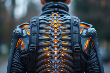 a man from the back wearing a high-tech suit resembling an exoskeleton.  