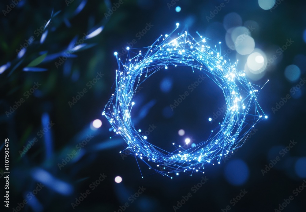 Poster Abstract Visualization of Glowing Blue Circles with Digital Particles Representing Innovation, Technology, and Modern Concepts against a Dark Background