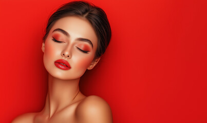 Fototapeta premium A beautiful woman with perfect makeup and hairstyle posing against a red background, with ample copy space