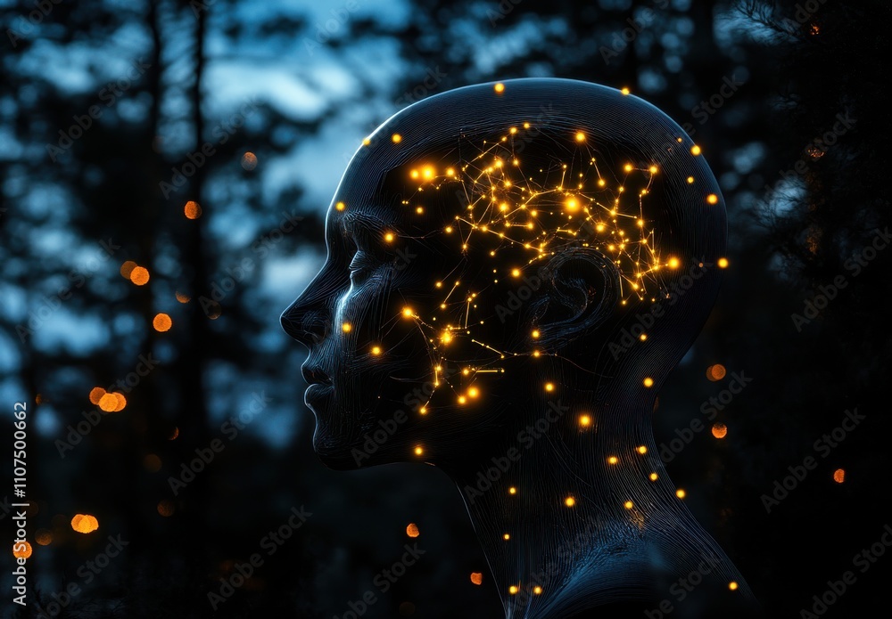 Poster abstract visualization of human brain represented with glowing connections and neural pathways at du