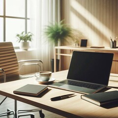 Fototapeta premium Modern minimalist home office with laptop and coffee in warm sunlight