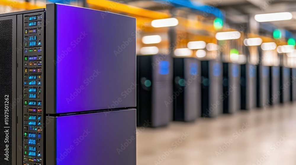 Poster modern server equipment housed in a data center with vibrant lighting for enhanced performance and e