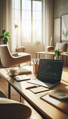 Fototapeta premium Modern minimalist home office with laptop and coffee in warm sunlight