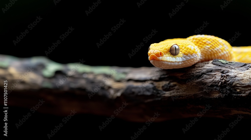 Poster bright yellow snake resting on a branch in a dark setting