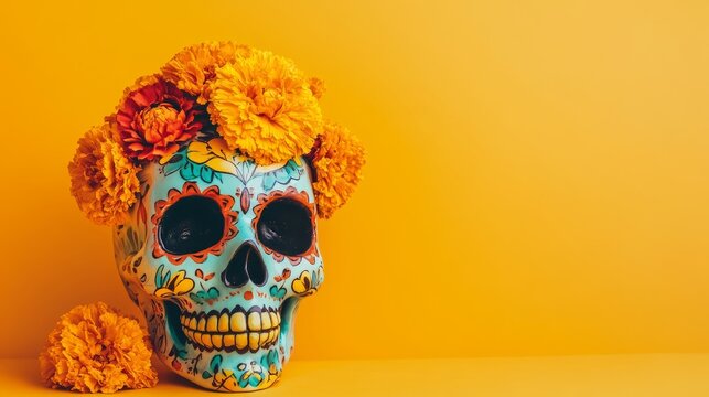Colorful painted skull with flowers, vibrant skull decoration, festive sugar skull, Day of the Dead skull art