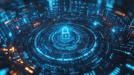 Obraz premium Futuristic technology digital security concept with glowing lock, cyber data protection, hi-tech secure network background