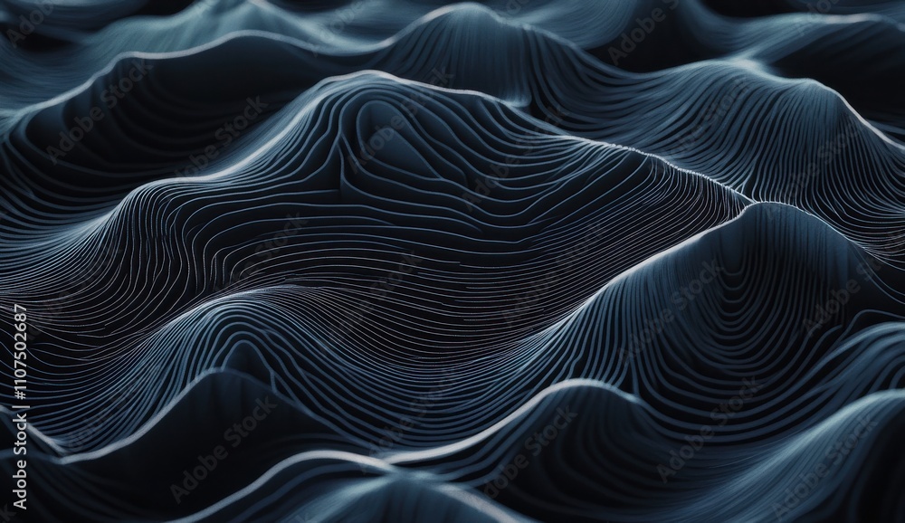 Poster abstract wavy surface with contour lines in dark shades illustrating depth and movement in a fluidic
