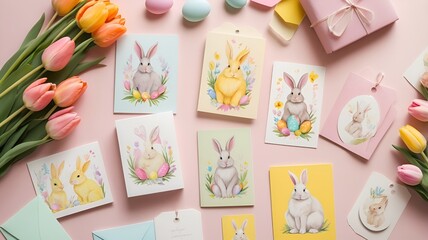 Colorful Easter cards featuring bunny illustrations surrounded by tulips and decorative eggs, easter paraphernalia