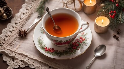 Fototapeta premium Elegant tea cup with herbal tea served on table decorated with holiday ornaments and candles, Christmas concept