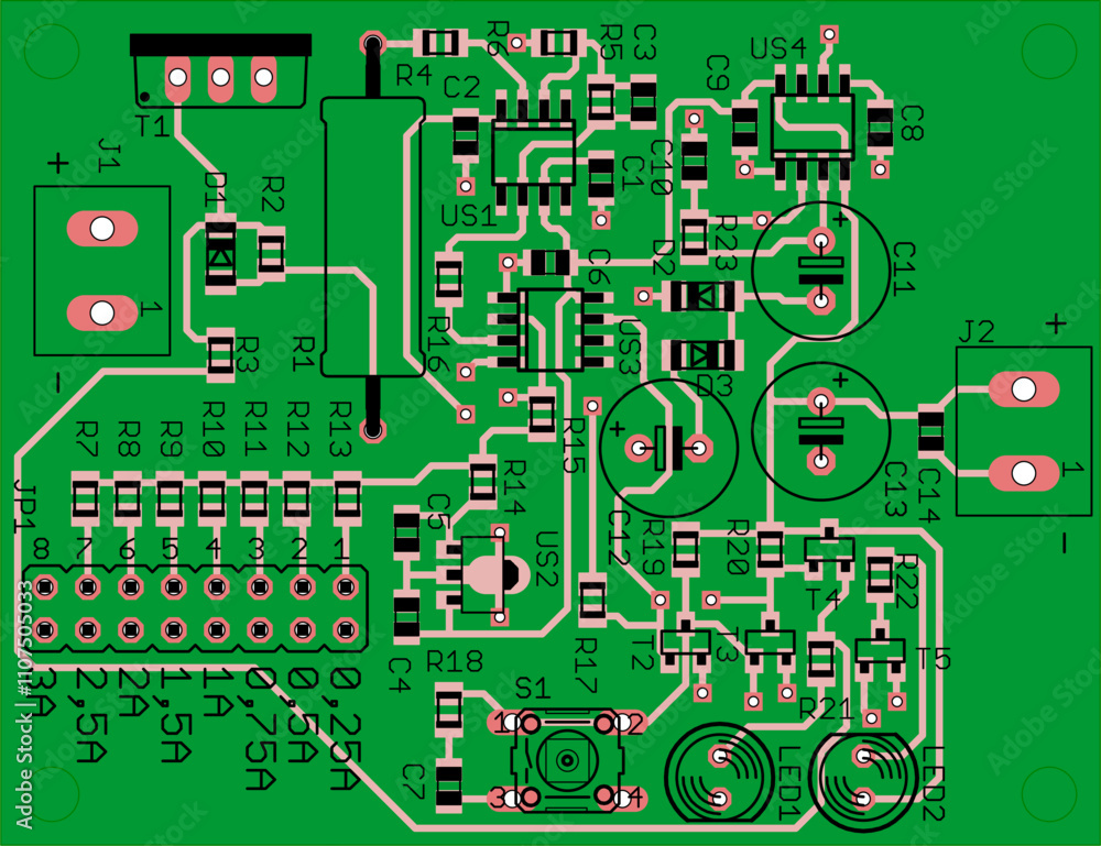 Poster vector printed circuit board of electronic device with components of radio elements, conductors and 