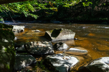 Hiking along ILZ River near Diessenstein in the Bavarian Forests Germany.