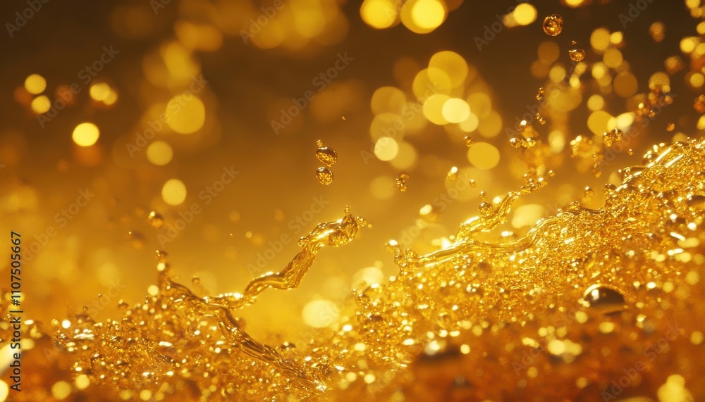 Poster beautiful golden liquid splash with sparkling bokeh effect, capturing the luminous essence of light 