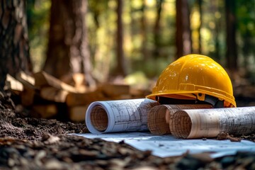Safety Helmet and Blueprints in Forest Setting