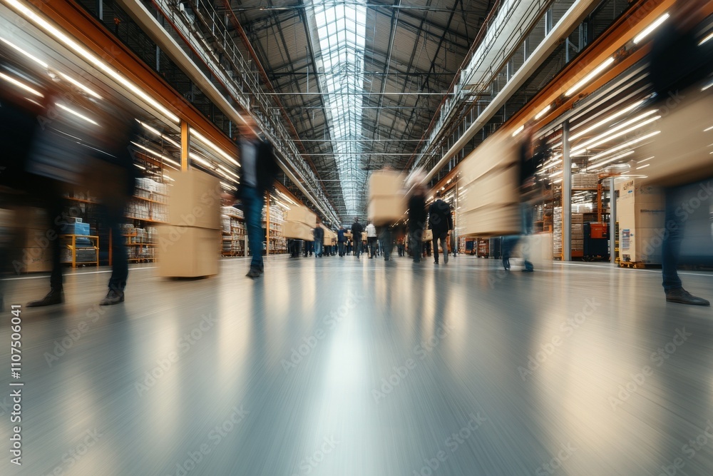 Poster long exposure photo capturing the dynamic motion of people moving around a brightly lit warehouse in