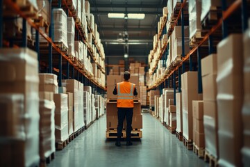 A worker wearing a high visibility vest navigates through a warehouse aisle lined with shelves full of boxes, using a pallet jack to move goods efficiently.