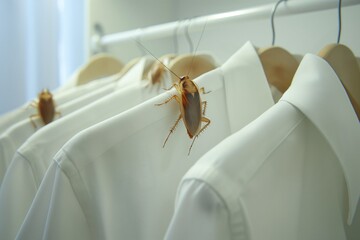 Cockroach on white shirt in closet. Bacteria germs and dirt that come with disease vectors. Copy space.