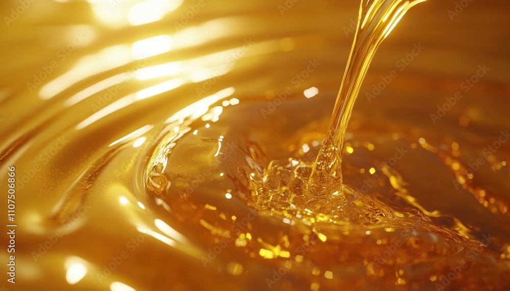 Poster Captivating Close-Up of Golden Liquid Flowing and Creating Ripples on a Shimmering Surface Reflecting Light in an Abstract and Artistic Style