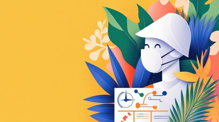 A cheerful figure in a mask holds a document surrounded by vibrant foliage, symbolizing health, safety, and wellness in a colorful environment.