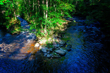 Hiking along ILZ River near Diessenstein in the Bavarian Forests Germany.