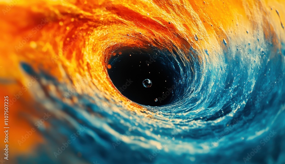 Poster captivating swirl of blue and orange water, creating a dynamic spiral pattern with bubbles intertwin