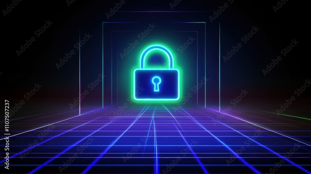 Aufkleber neon lock icon illuminated in a dark abstract space, representing digital security, cyber protection