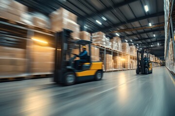 A pair of forklifts move swiftly through a busy and well-lit warehouse, emphasizing efficiency and the fast-paced nature of industrial supply chain environments.