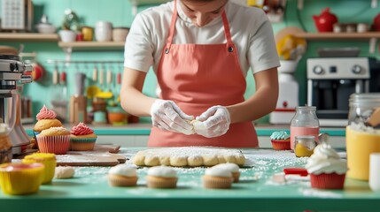 A baker rolling out dough and decorating cupcakes in a charming kitchen filled with flour, sugar, and vibrant ingredients.