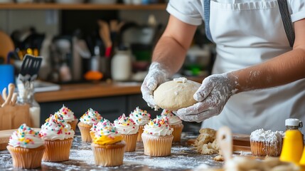 A baker rolling out dough and decorating cupcakes in a charming kitchen filled with flour, sugar, and vibrant ingredients.