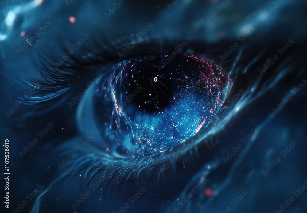 Poster close-up of an eye with a cosmic and futuristic design representing the universe and the connection 