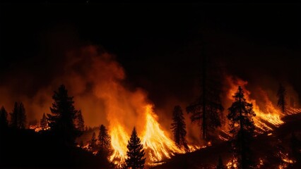 On a dark night, trees are burning in the forest