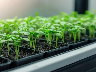 Green seedlings emerge concept. Young green seedlings growing in a nursery tray under bright lighting.