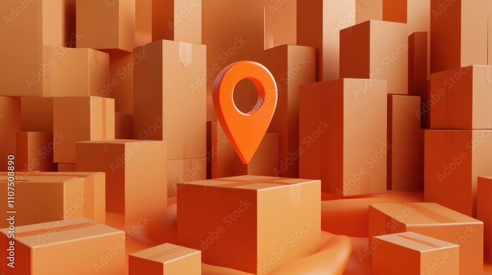 Poster orange delivery concept with boxes and location marker visualization