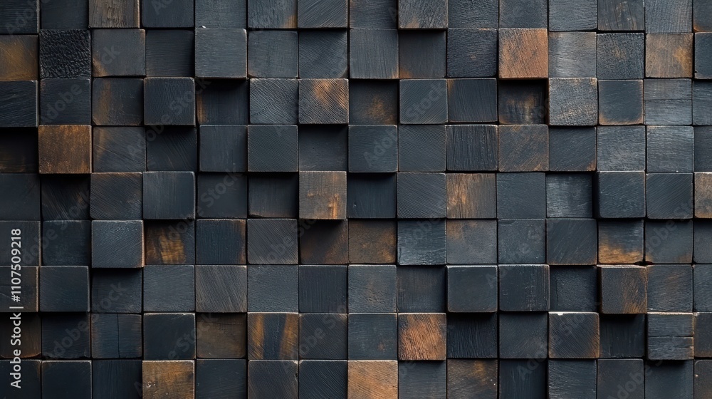 Poster Close-up View of an Intricate Pattern of Dark Wooden Cubes Forming a Textured Surface for Art and Design Projects