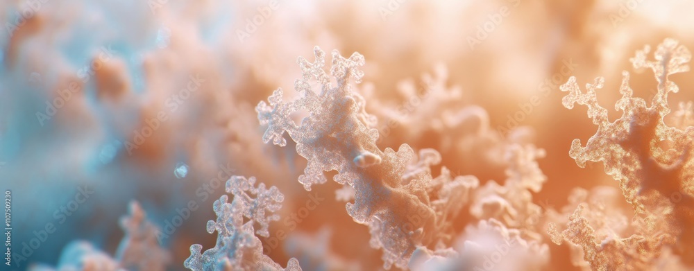 Poster close-up view of colorful coral structures underwater with soft light, evoking a sense of serenity a