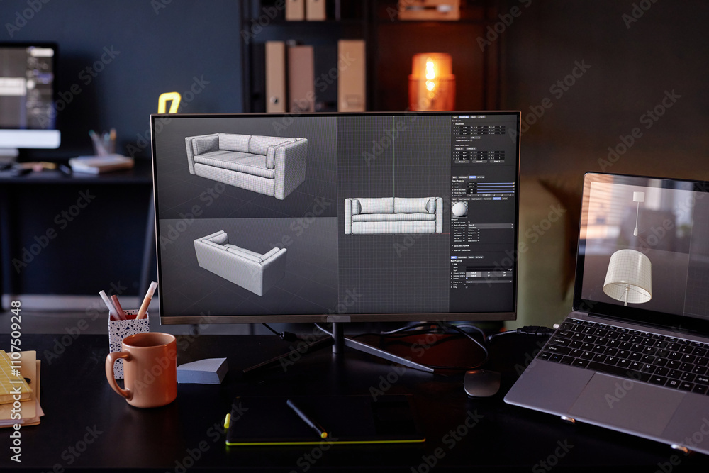 Leinwandbilder Monitors displaying 3D models of a sofa, alongside various software tools and options Photographed in well-lit modern office, with laptop, notebook, and coffee mug on desk