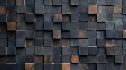 Close-up View of an Intricate Pattern of Dark Wooden Cubes Forming a Textured Surface for Art and Design Projects