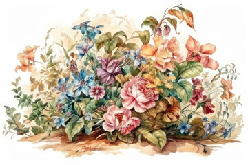 watercolor illustration of a bouquet composition of various garden flowers.  