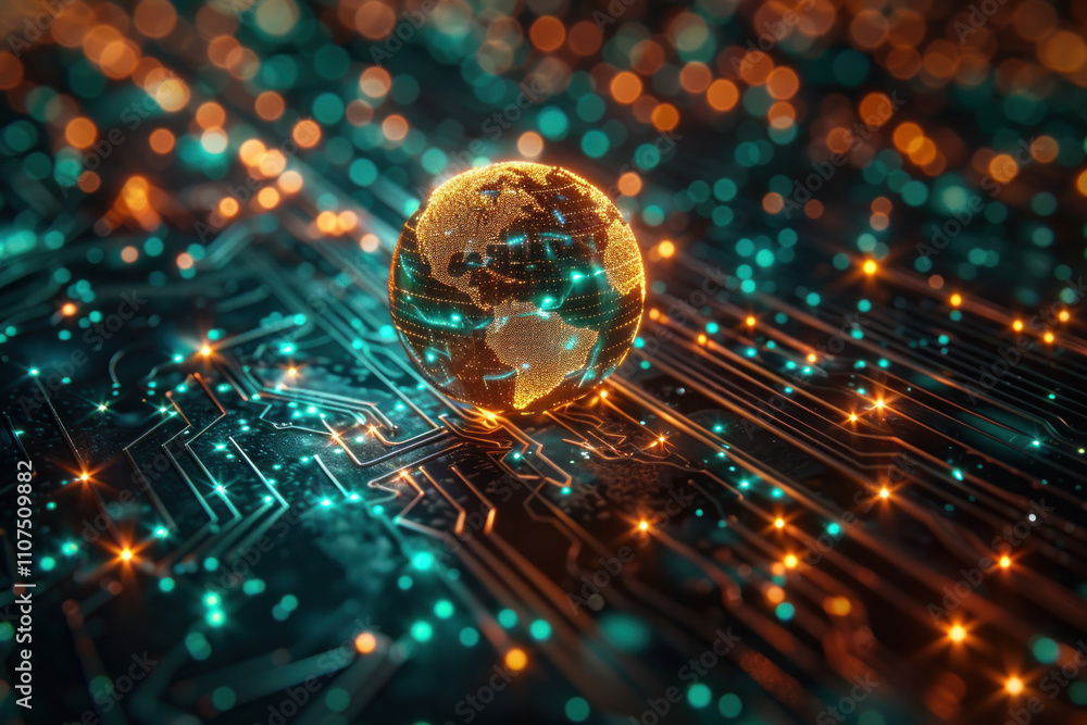 Poster a golden glowing globe standing on a surface resembling a computer board.