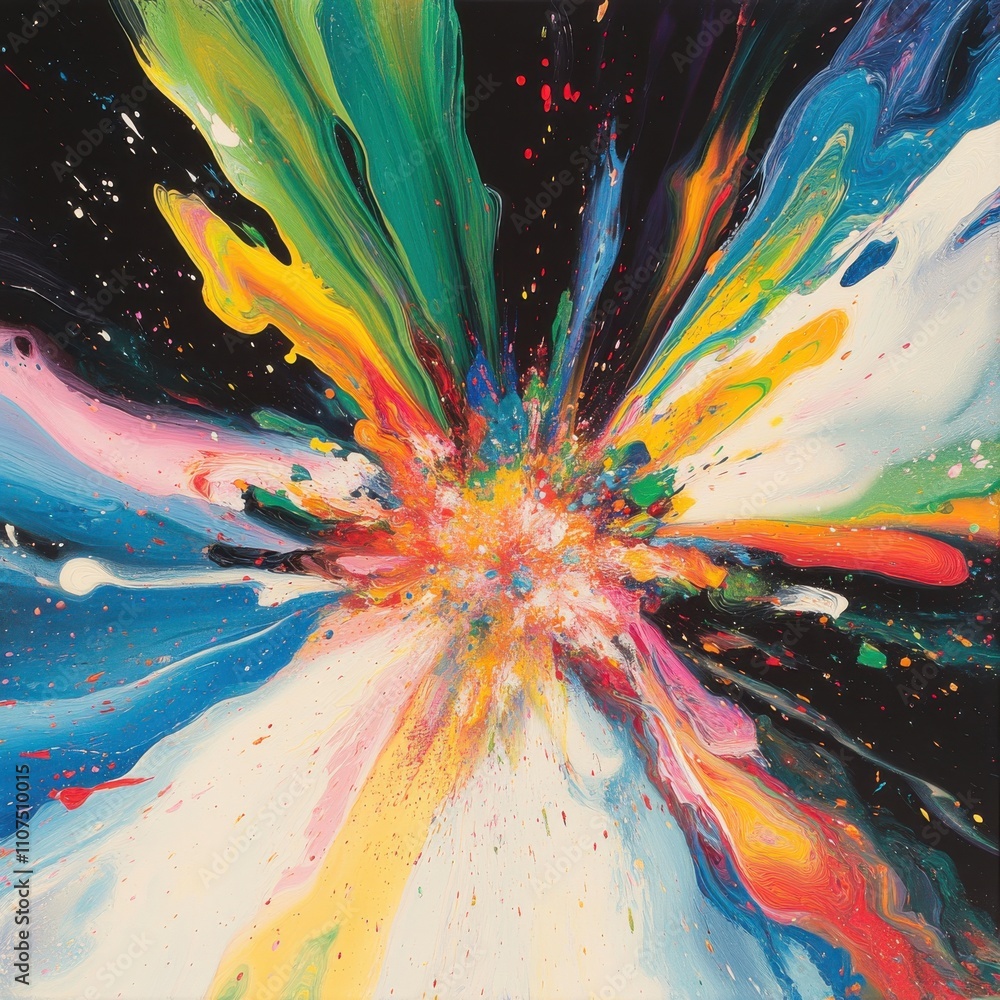 Poster Colorful Abstract Explosion of Paints Creating Dynamic Flowing Patterns in a Dark Background Representing Energy and Creativity