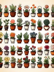 Collection of various potted plants, flowers, and succulents in cartoon style.