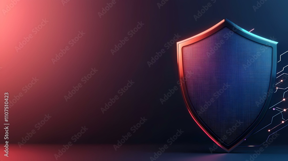 Poster the image contains a dark metallic shield with a textured surface, illuminated by red and blue neon 