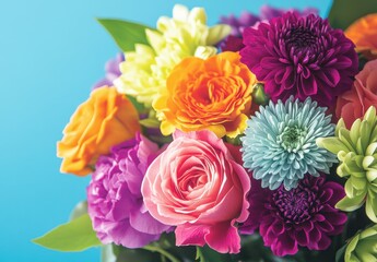 Obraz premium Colorful Arrangement of Fresh Flowers Featuring Roses, Chrysanthemums, and Daisies Against a Bright Background Perfect for Celebrations and Events