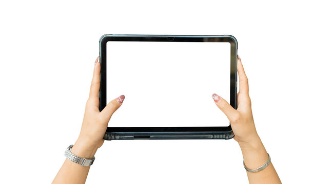 Female Hand holding using tablet pc with empty white screen isolated on transparent background