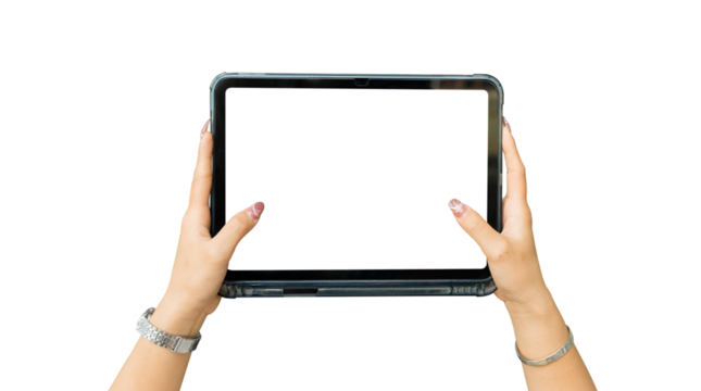 Female Hand holding using tablet pc with empty white screen isolated on transparent background