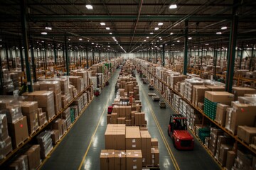 An expansive warehouse filled with organized rows of boxes and machinery highlights the logistics of handling large-scale storage and efficient inventory management.