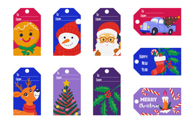Fototapeta premium set of colorful Christmas and New Year gift tags with festive illustrations such as Santa, reindeer, snowman, bells, nutcracker, and holly