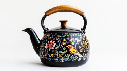 Black enamel kettle with floral and bird design, wooden handle.