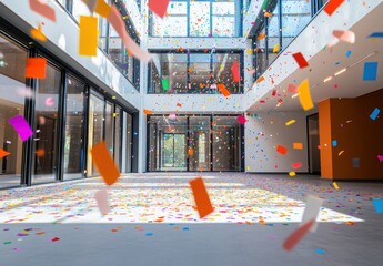 Colorful confetti falling in a modern open space with large windows, celebrating moments of joy, festivity, and creativity in a bright environment